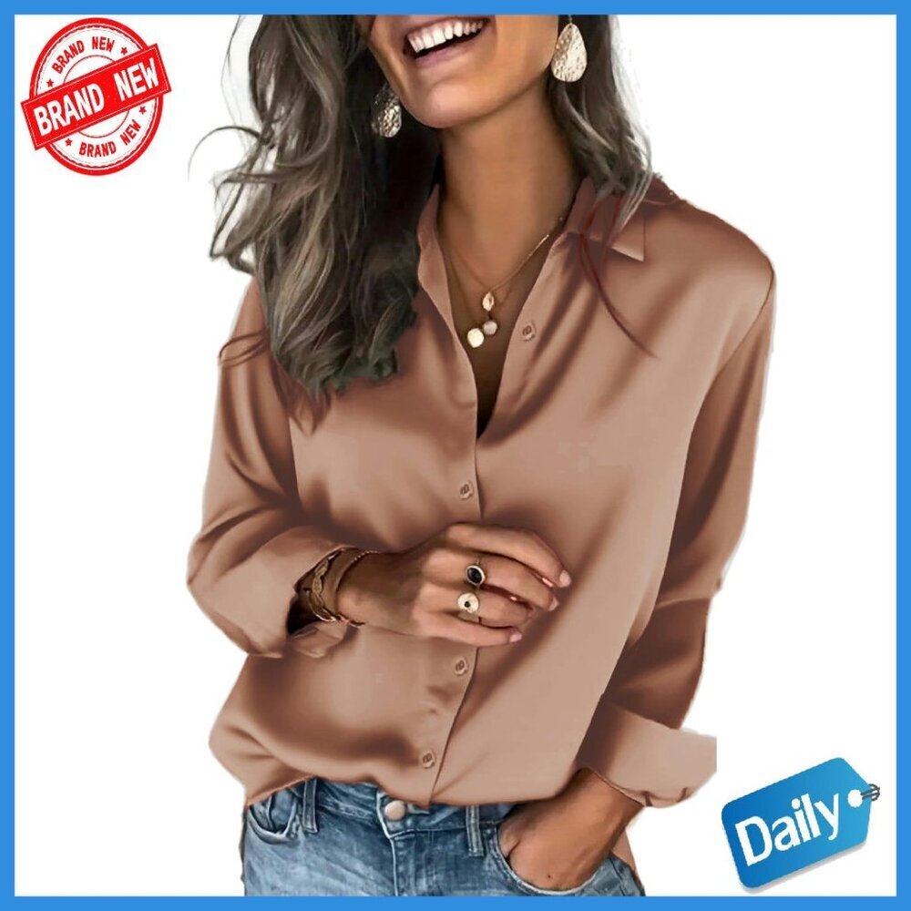 Satin Button Down Shirt Long Sleeve Business Casual Blouse